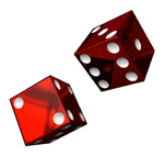 red dice rolling on table